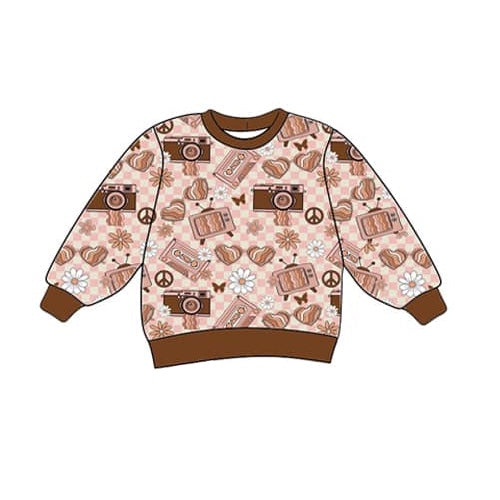 preorder GT0728 camera tape flowers pink checkered long sleeve girls top