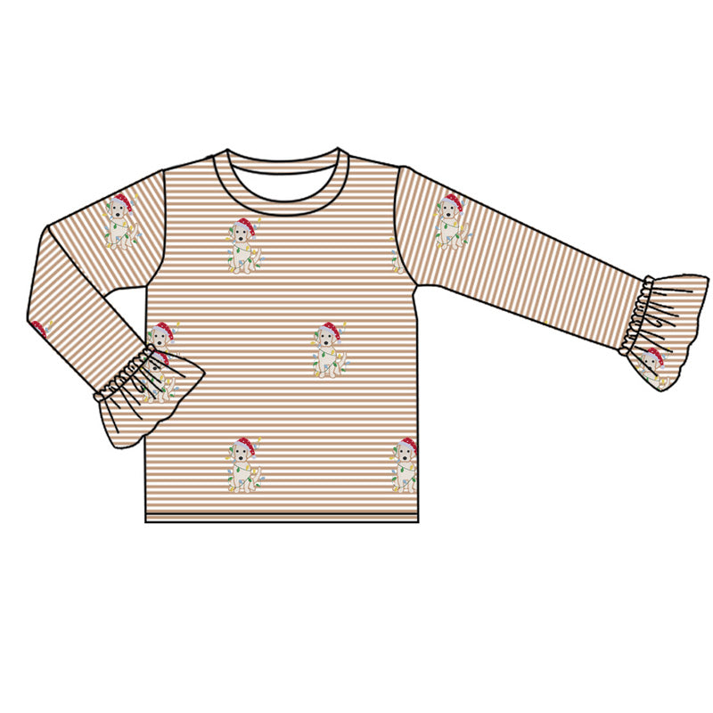 preorder GT0743 Christmas Santa hat light khaki striped long sleeve girls top