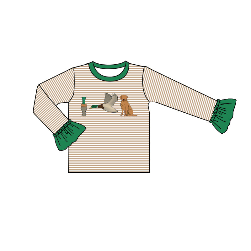 preorder GT0769 duck call mallard dog khaki striped long sleeve girls top