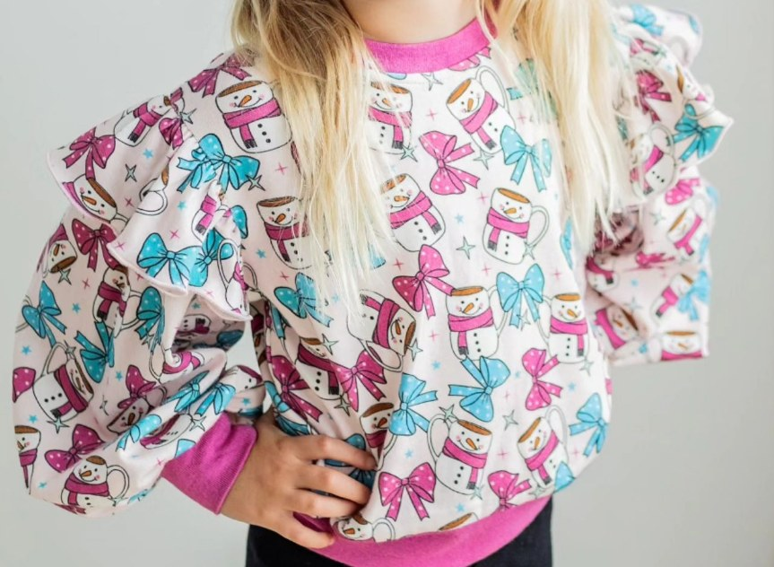 preorder GT0770 Christmas snowman bows hot pink long sleeve girls top