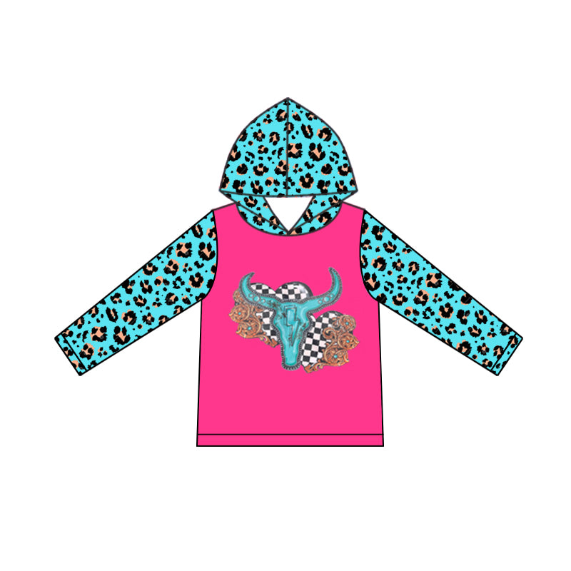 preorder GT0776 Western cow blue leopard hoodie hot pink long sleeve girls pullover
