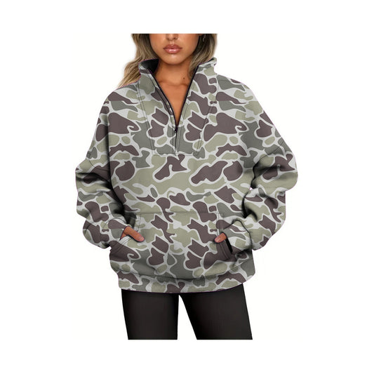 preorder GT0827 grey camo zipper pocket long sleeve adult women pullover