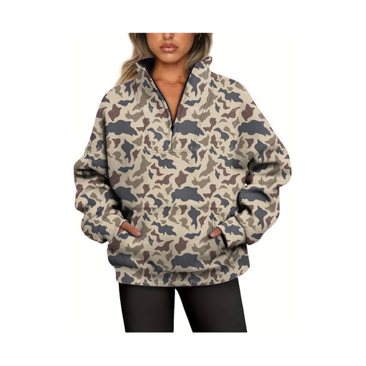 preorder GT0828 grey camo zipper pocket long sleeve adult women pullover