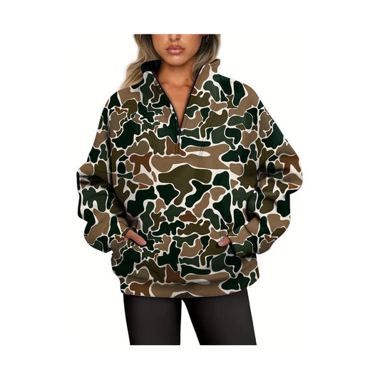 preorder GT0829 brown camo zipper pocket long sleeve adult women pullover