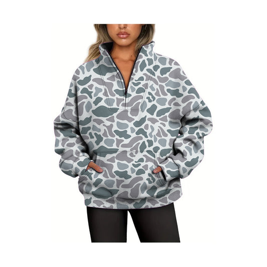 preorder GT0832 grey camo zipper pocket long sleeve adult women pullover