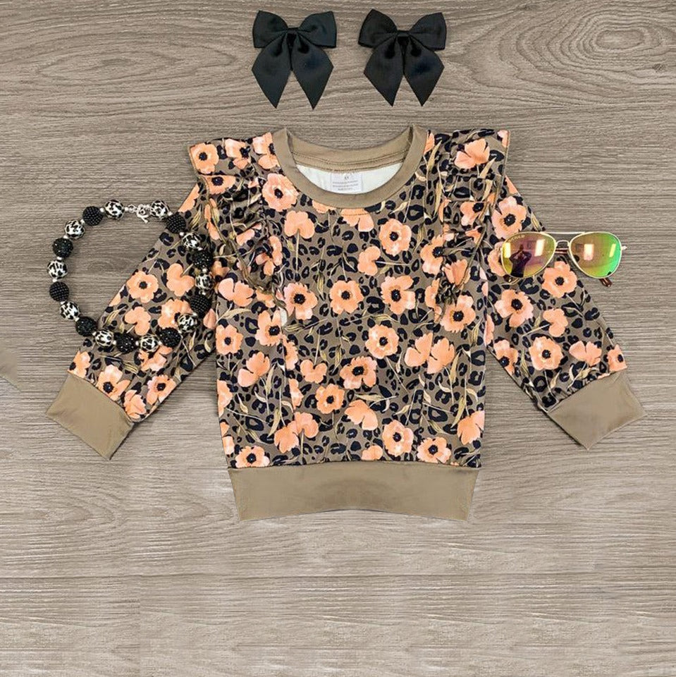preorder GT0843 pink flowers leopard long sleeve ruffles girls top