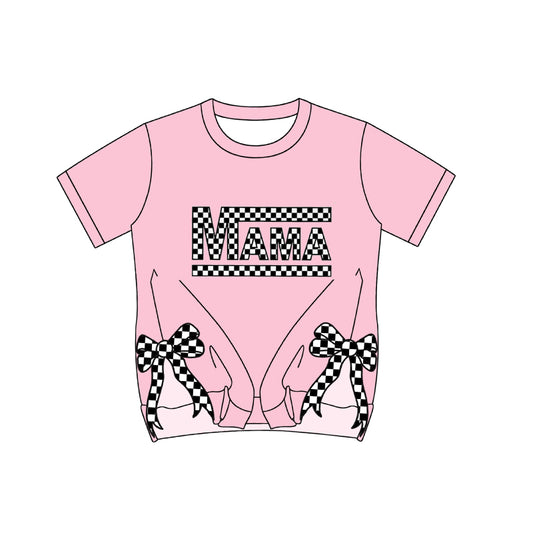 preorder GT0929 MAMA Split Side Checkered Bows Pink Short Sleeve Adult Women Top