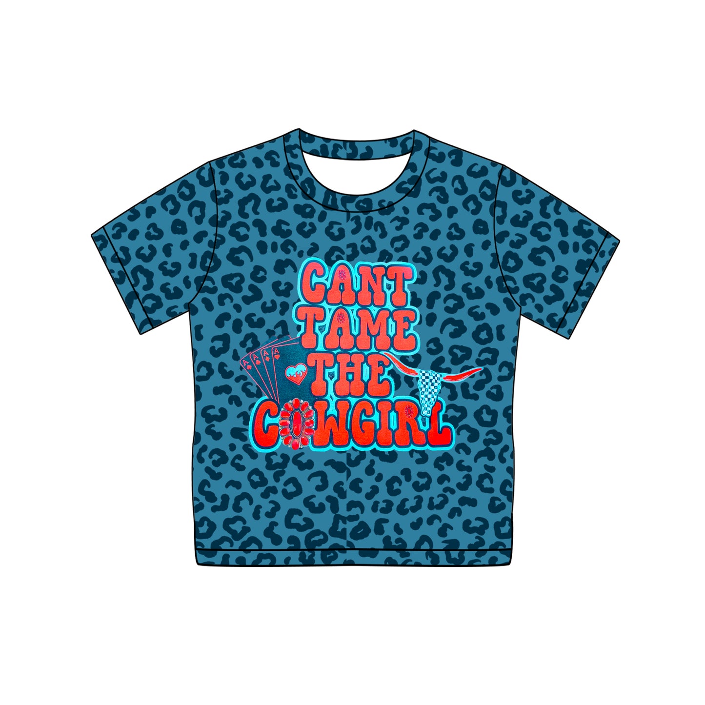 preorder GT0935 Western cowgirl cow blue leopard short sleeve girls top