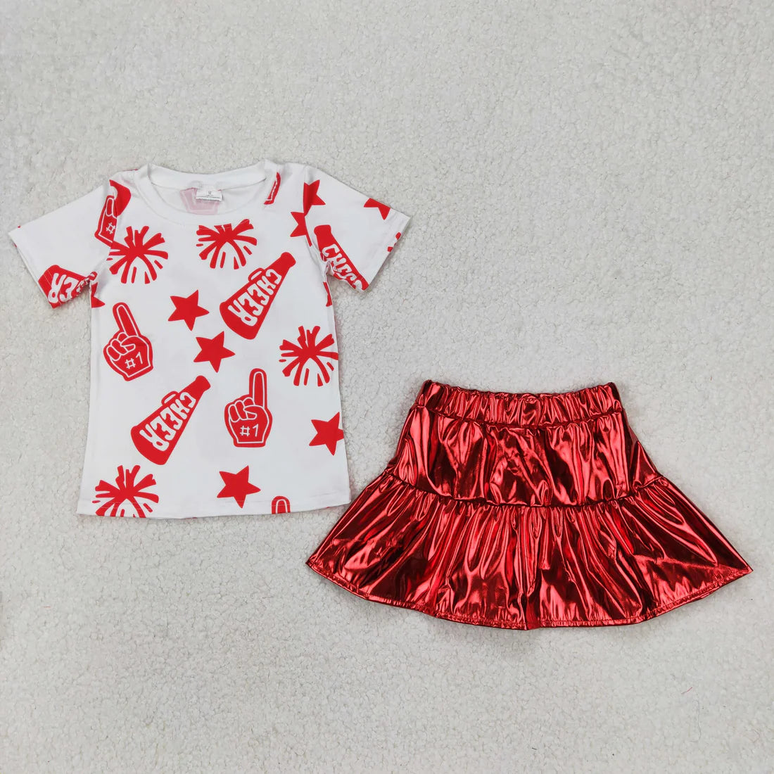 cheer firwork short sleeve red leather skirt girls set GT0940+GLK0041
