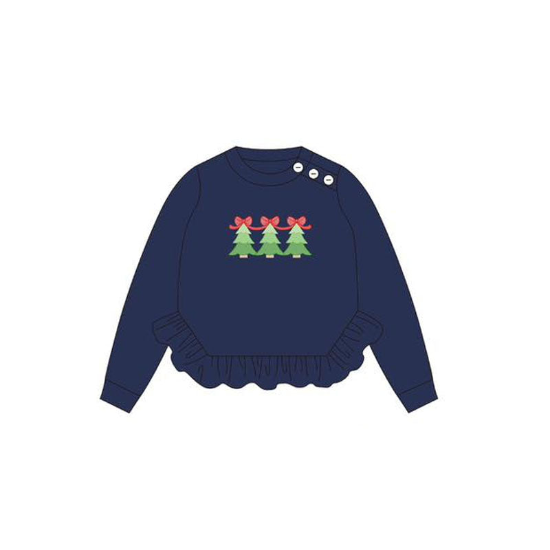 preorder GT1060 Christmas tree bows navy blue long sleeve girls top