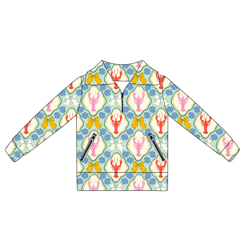 preorder GT1063 yoga colorful crayfish bows green long sleeve zipper girls top