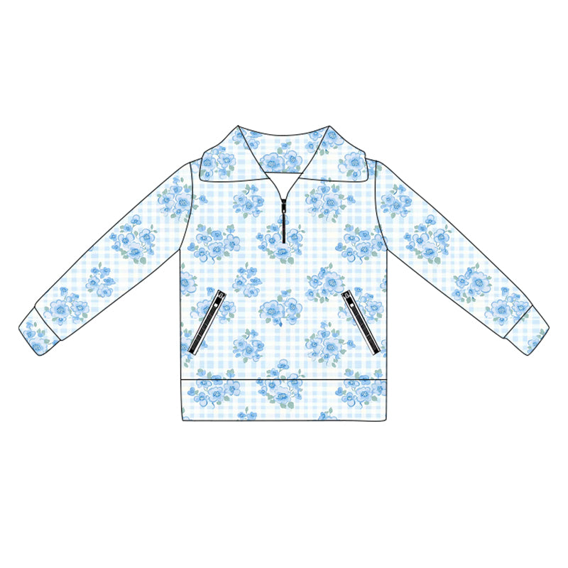 preorder GT1064 yoga blue flowers checkered long sleeve zipper girls top