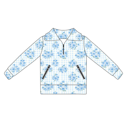 preorder GT1064 yoga blue flowers checkered long sleeve zipper girls top