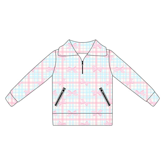 preorder GT1067 yoga pink bows blue checkered long sleeve zipper girls top