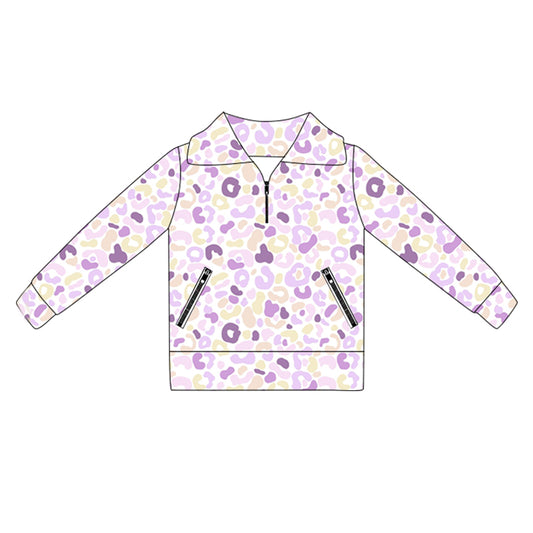 preorder GT1073 yoga purple leopard long sleeve zipper girls top