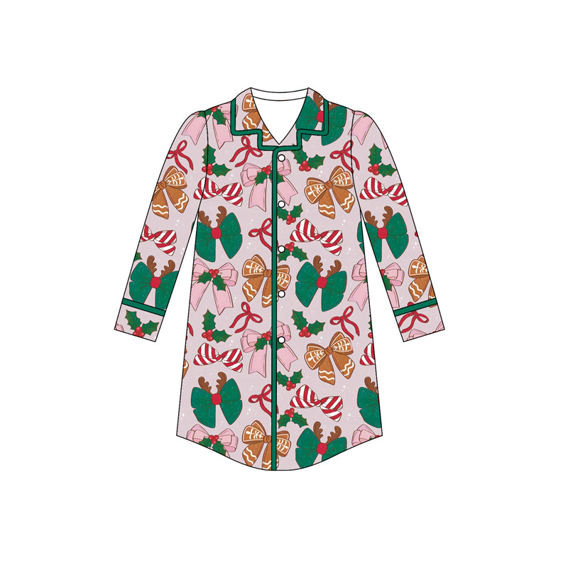 preorder GT1091 Christmas gingerbread man bows holly berry green long sleeve adult top gown
