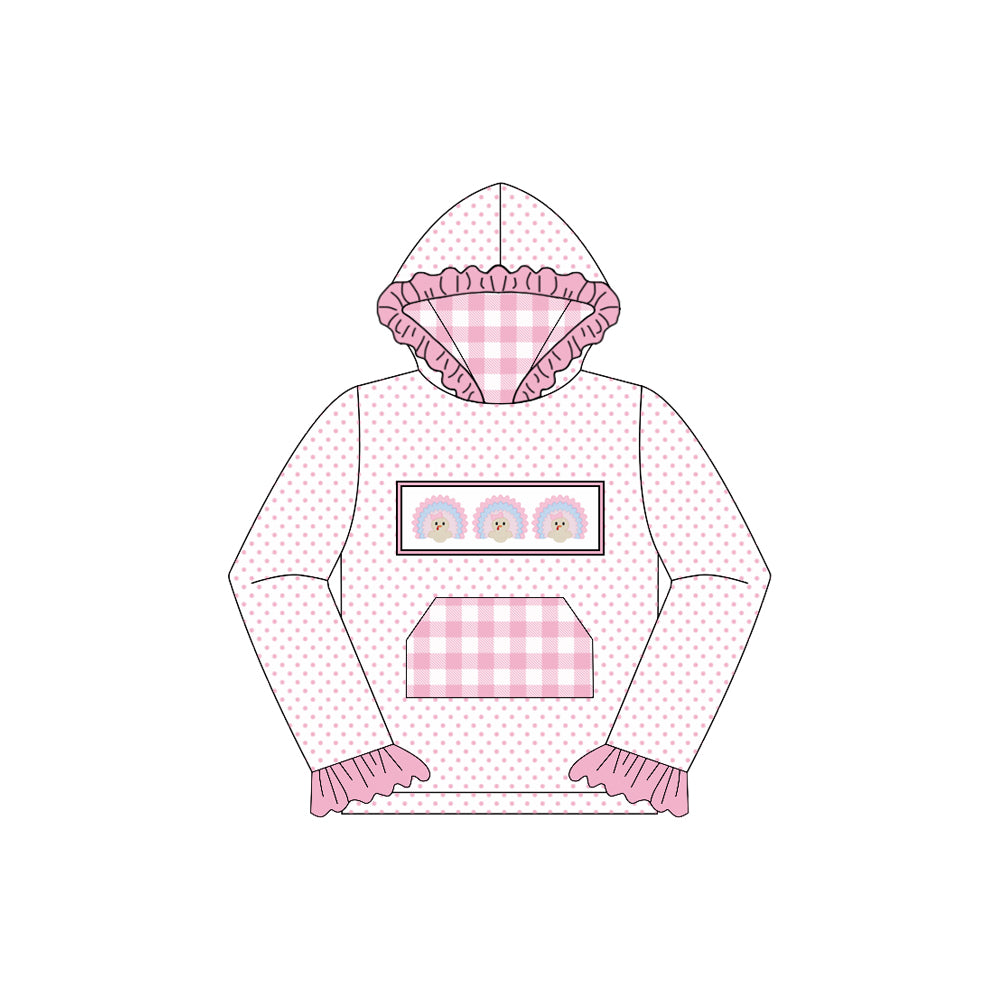 preorder GT1104 Thanksgiving turkey pink dot checkered hoodie pocket long sleeve girls top