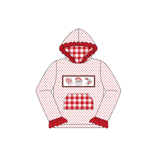 preorder GT1107 Christmas Santa candy dot checkered hoodie pocket long sleeve girls top