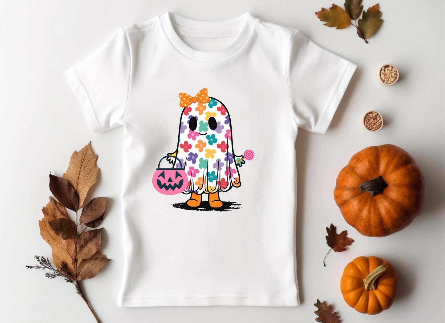 preorder GT1110 Halloween spooky smile pumpkin flowers white short sleeve girls top