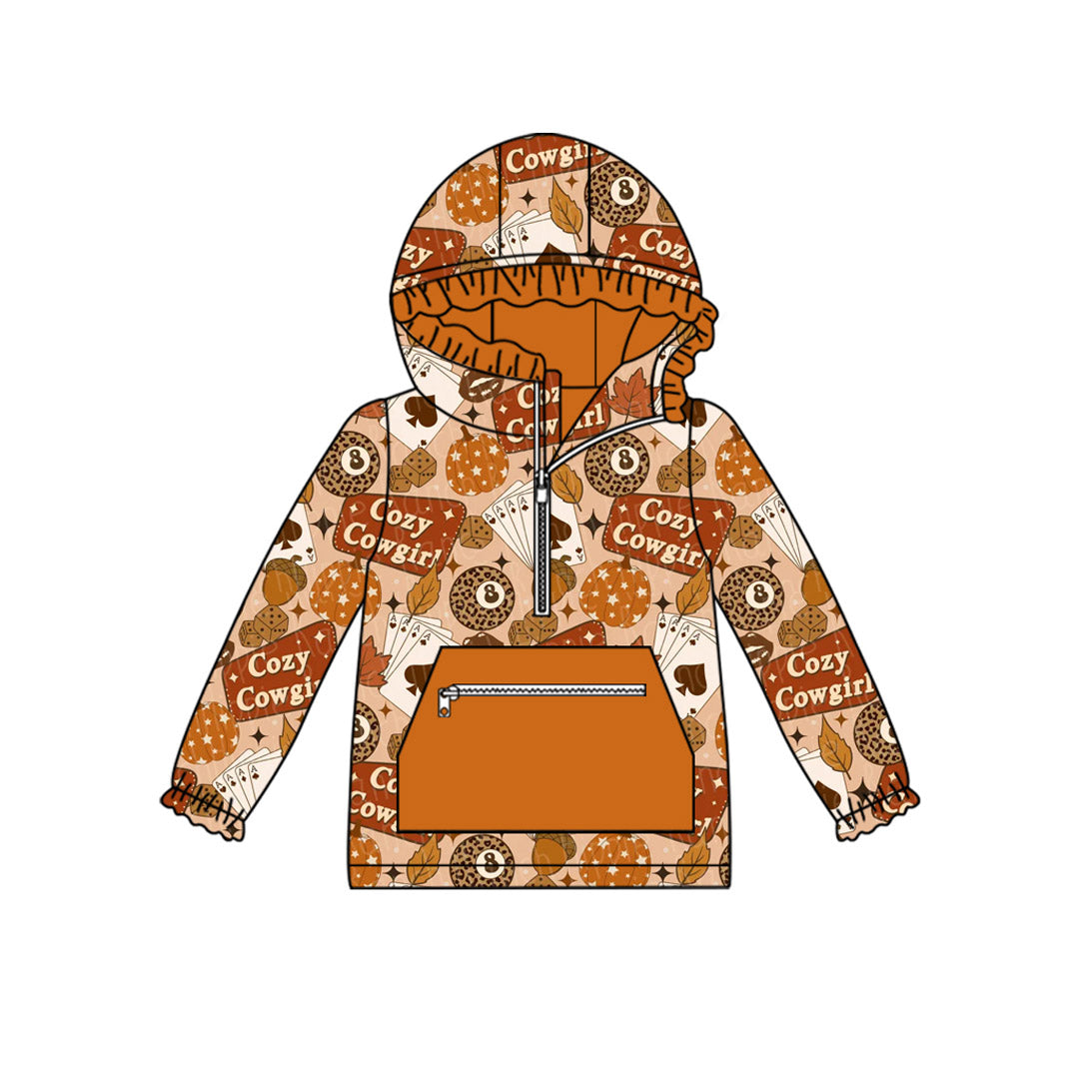 preorder GT1120 Western pumpkin cowgirl orange pocket zipper long sleeve hoodie girls top