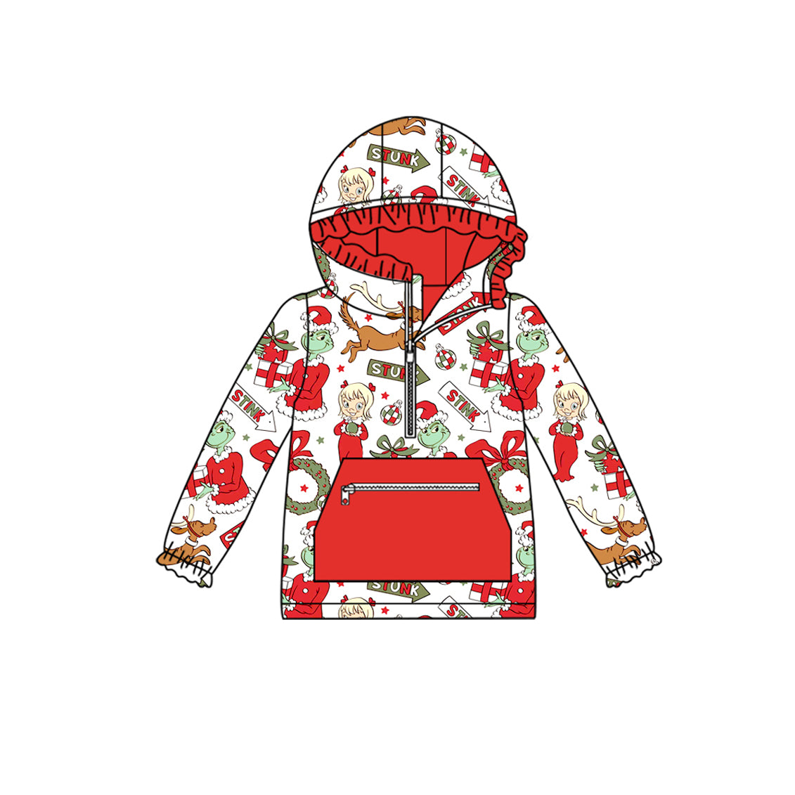preorder GT1146 Christmas green face girl red pocket hoodie long sleeve girls top