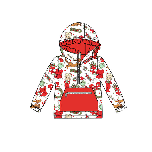 preorder GT1146 Christmas green face girl red pocket hoodie long sleeve girls top