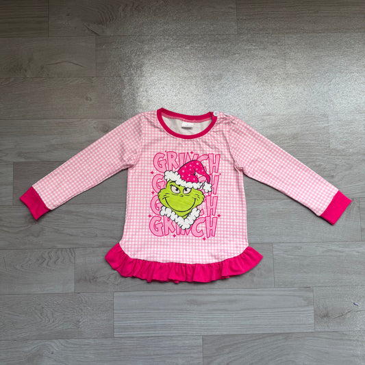 preorder Samples GT1154 Christmas green face pink checkered long sleeve girls top