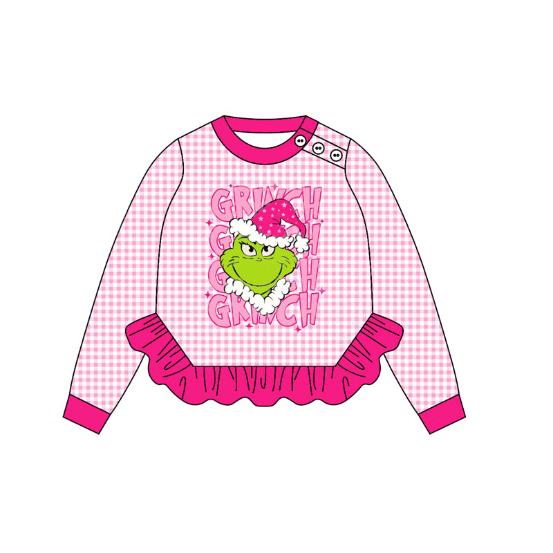 preorder GT1154 Christmas green face pink checkered long sleeve girls top