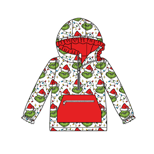 preorder GT1163 Christmas green face light pocket zipper hoodie long sleeve girls top