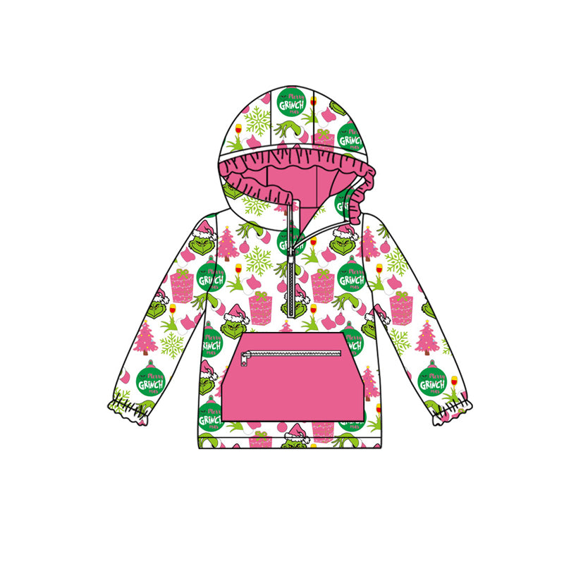 preorder GT1164 Christmas green face tree pocket zipper hoodie long sleeve girs top