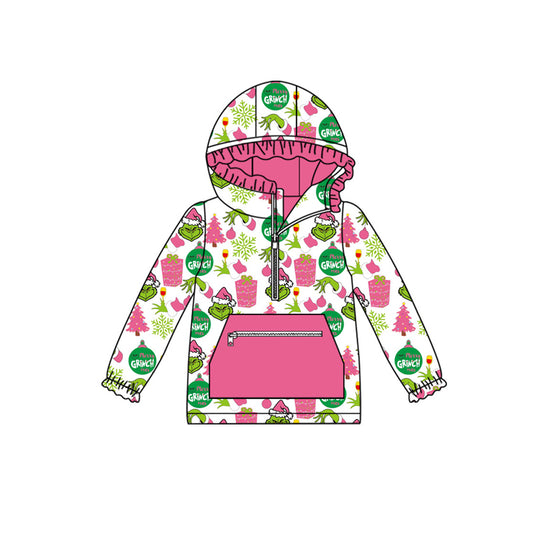 preorder GT1164 Christmas green face tree pocket zipper hoodie long sleeve girs top