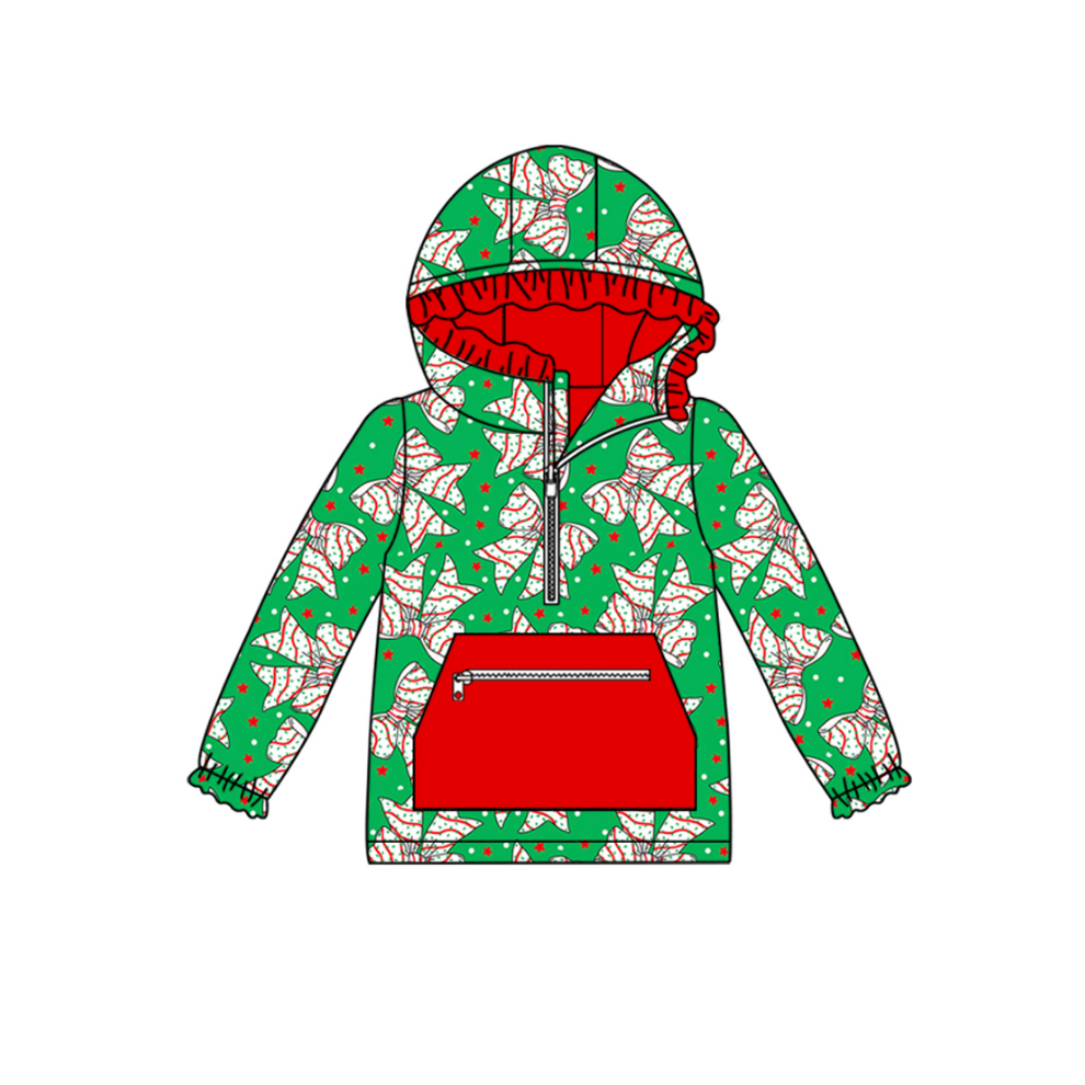 preorder GT1194 Christmas tis the season bows cake green zipper hoodie pocket long sleeve girls top