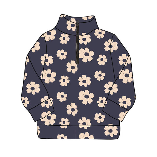 preorder GT1207 yoga flowers navy blue zipper long sleeve girls top