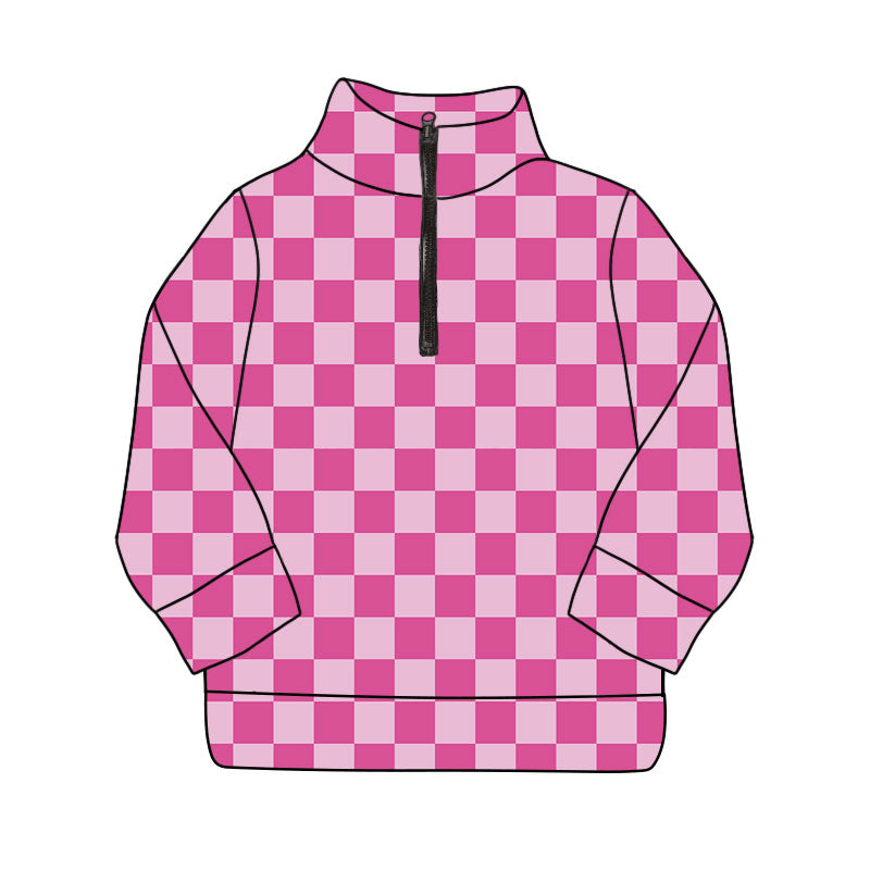 preorder GT1209 yoga hot pink checkered zipper long sleeve girls top
