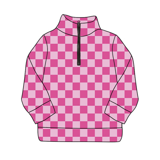 preorder GT1209 yoga hot pink checkered zipper long sleeve girls top