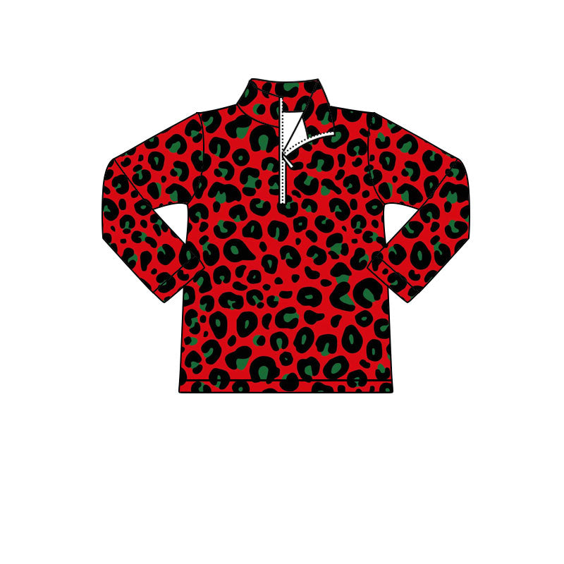 preorder GT1215 Christmas red leopard zipper long sleeve girls top