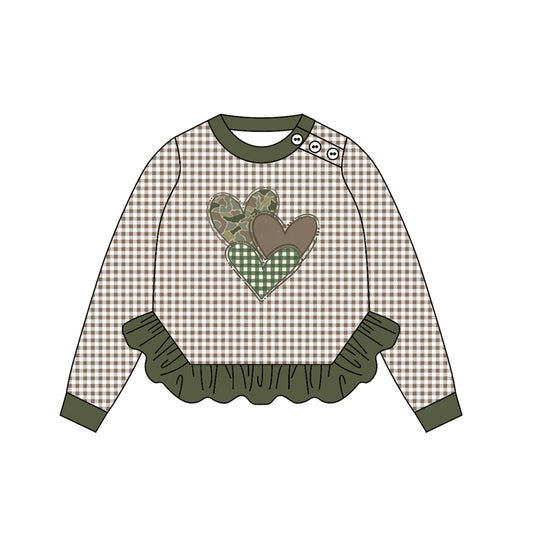 preorder GT1225 Valentine's Day camo heart brown checkered ruffles long sleeve girls top