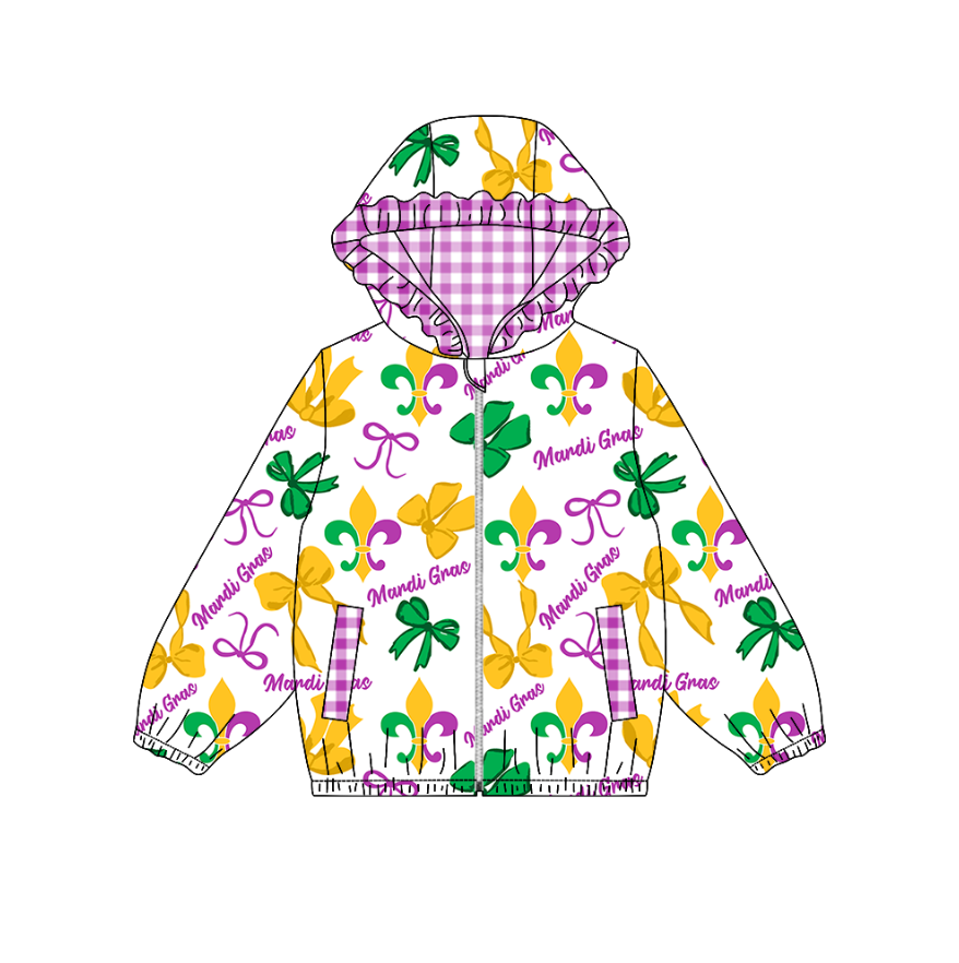 preorder GT1250 Mardi Gras yellow green purple bows long sleeve zipper hoodie girls coat