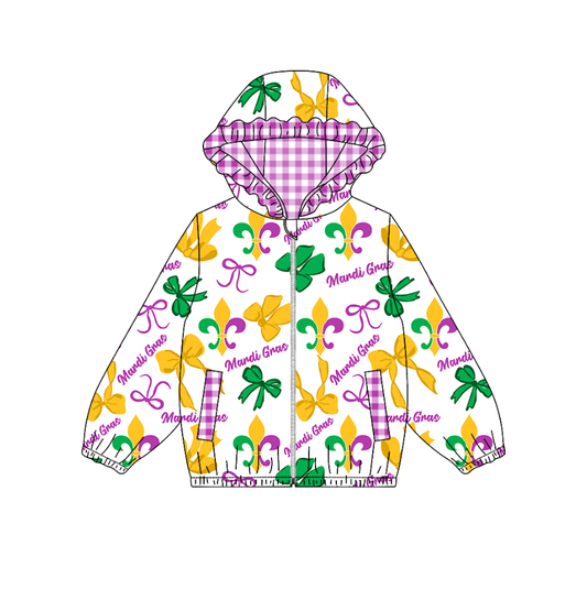 preorder GT1250 Mardi Gras yellow green purple bows long sleeve zipper hoodie girls coat
