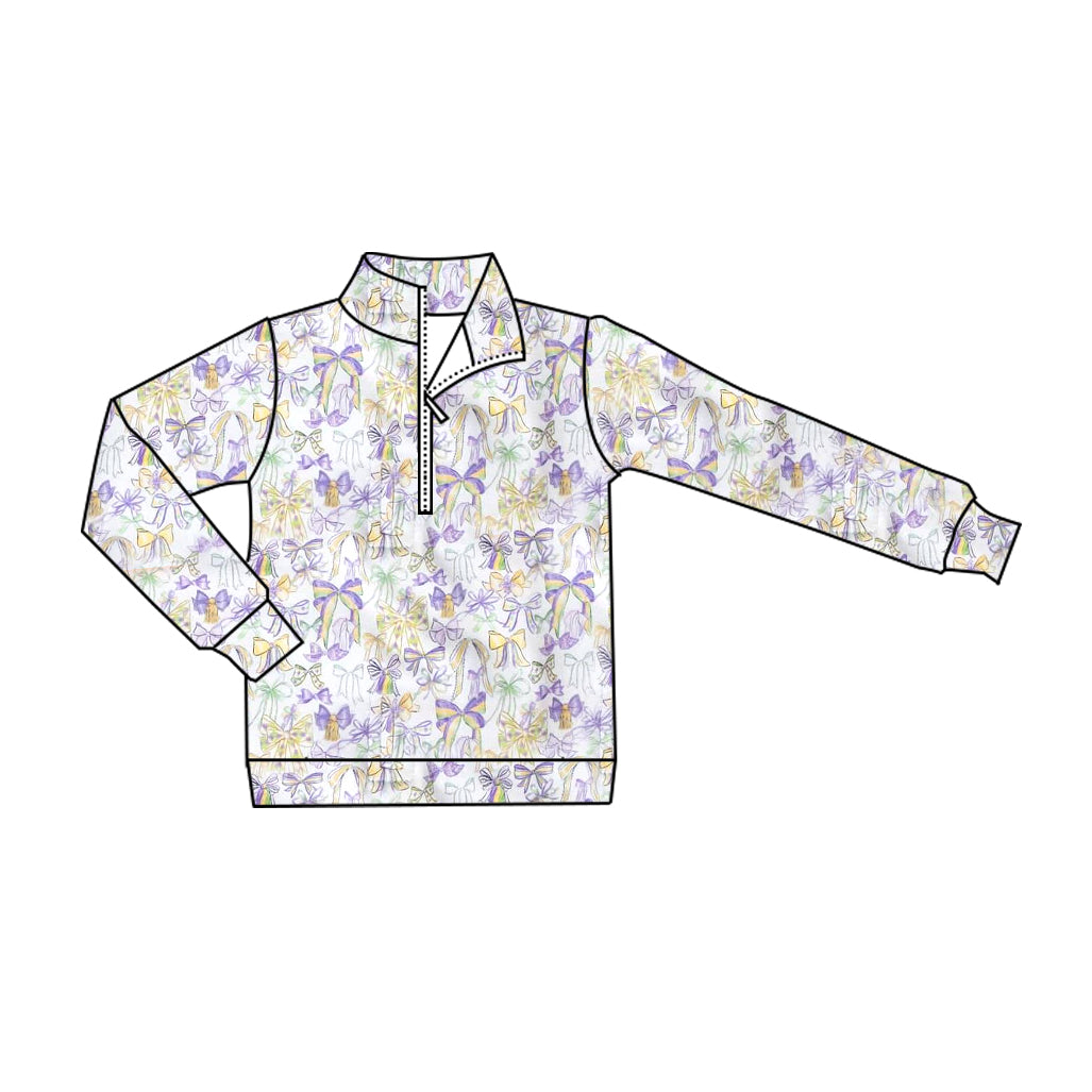 preorder GT1251 Mardi Gras purple bows zipper long sleeve girls top