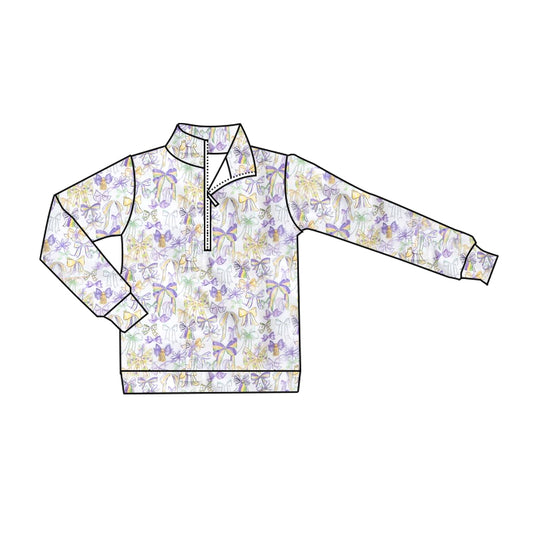 preorder GT1251 Mardi Gras purple bows zipper long sleeve girls top