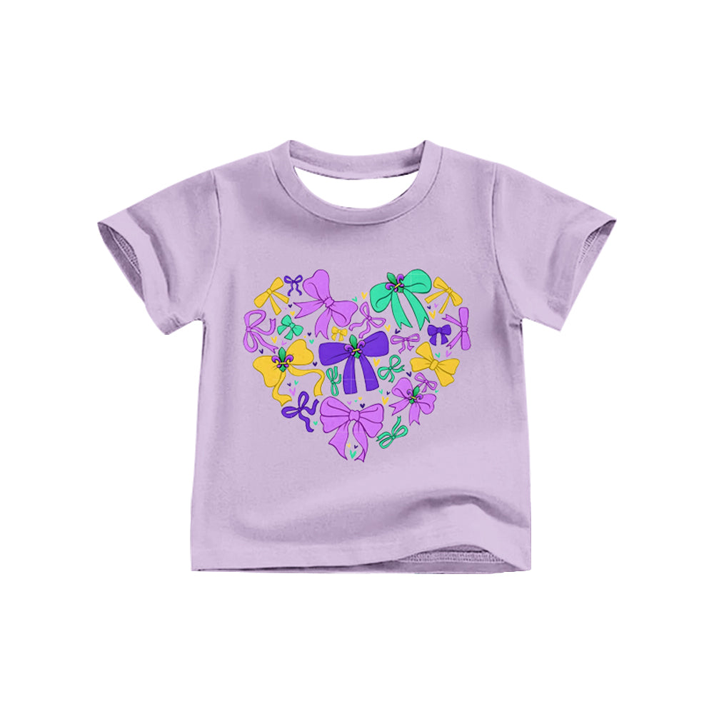 preorder GT1255 Mardi Gras colorful bows light purple short sleeve girls top