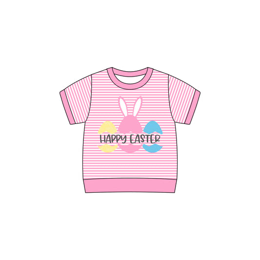 preorder GT1258 happy Easter bunny rabbit egg pink striped short sleeve girls top