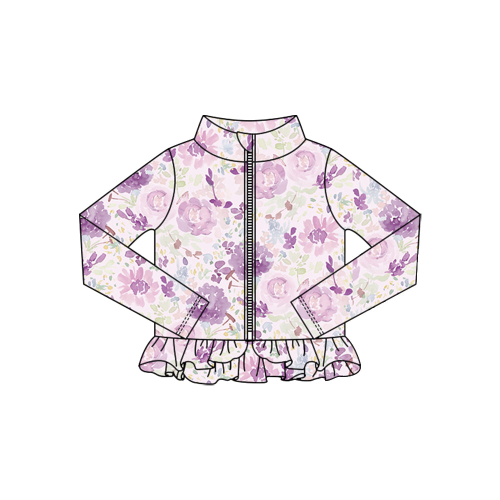 preorder GT13221 yoga purple flowers zipper long sleeve girls coat
