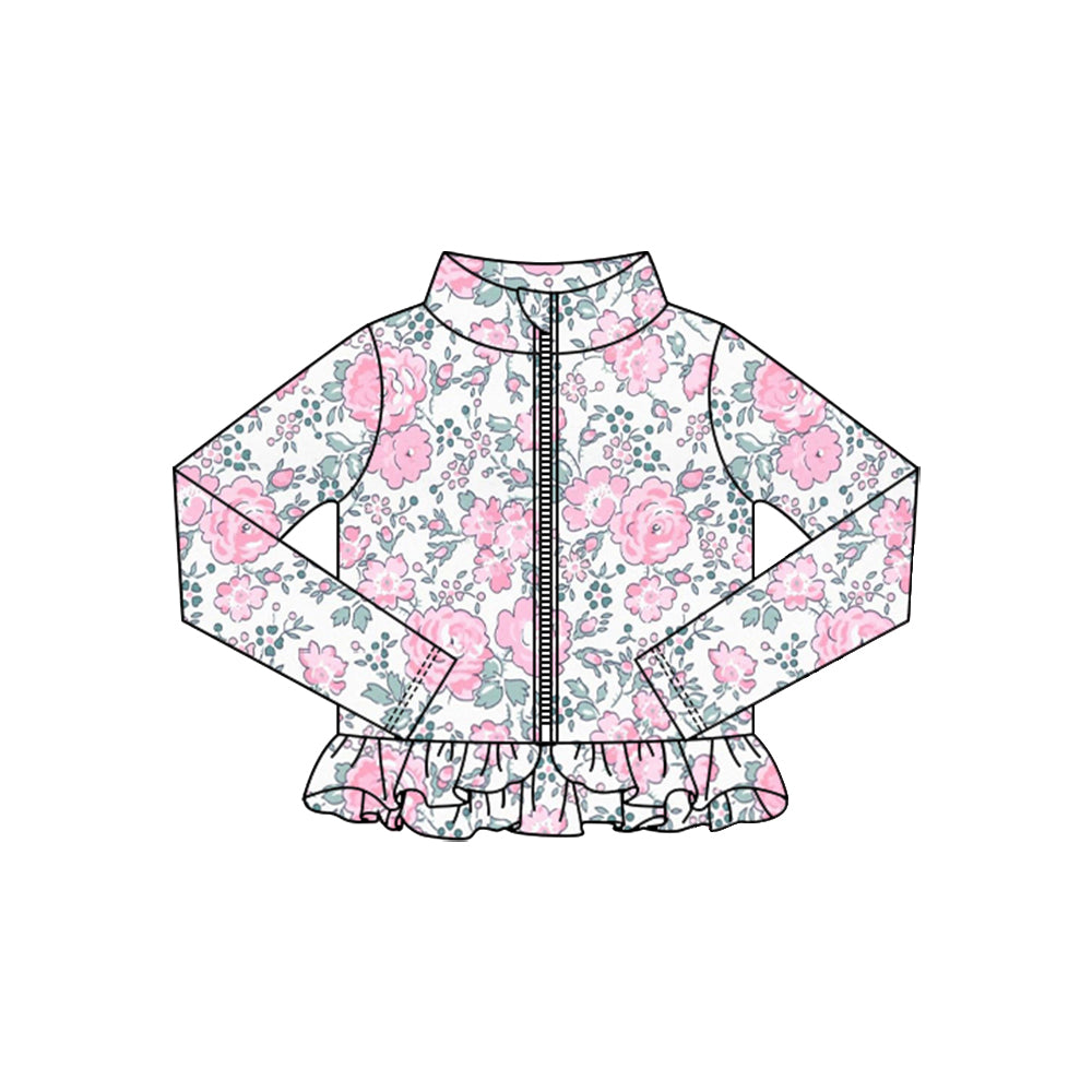 preorder GT1322 yoga pink flowers zipper long sleeve girls coat
