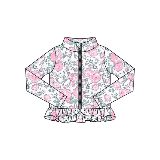 preorder GT1322 yoga pink flowers zipper long sleeve girls coat