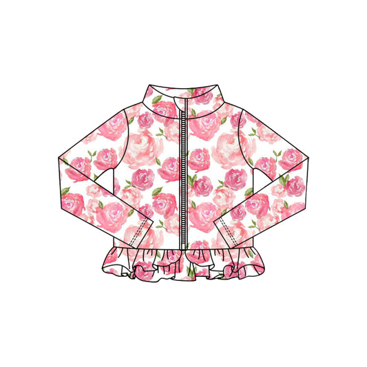 preorder GT1325 yoga pink flowers rose zipper long sleeve girls coat