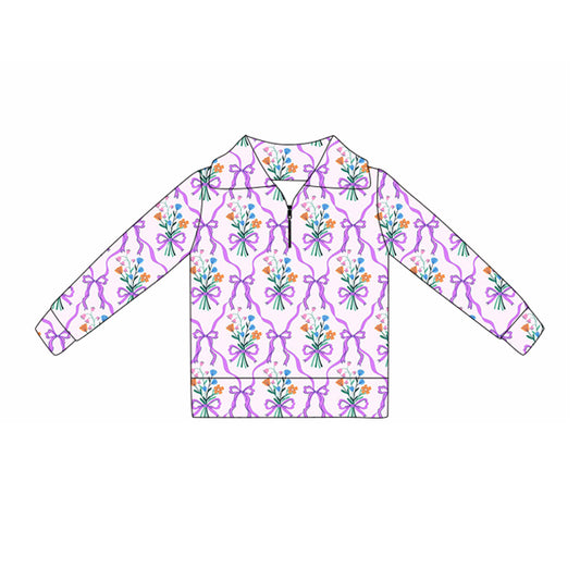 preorder GT1372 yoga flowers purple bows zipper long sleeve girls top