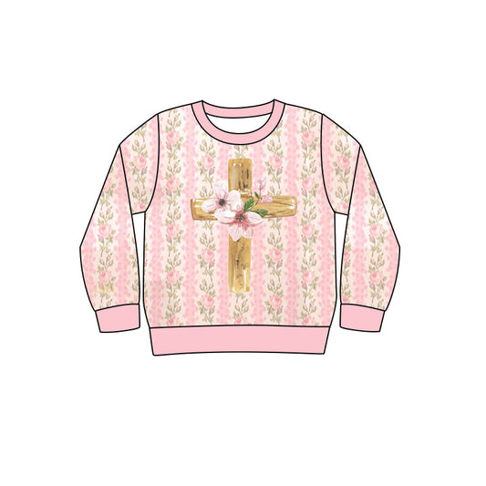 preorder GT1377 Easter cross pink flowers long sleeve girls top