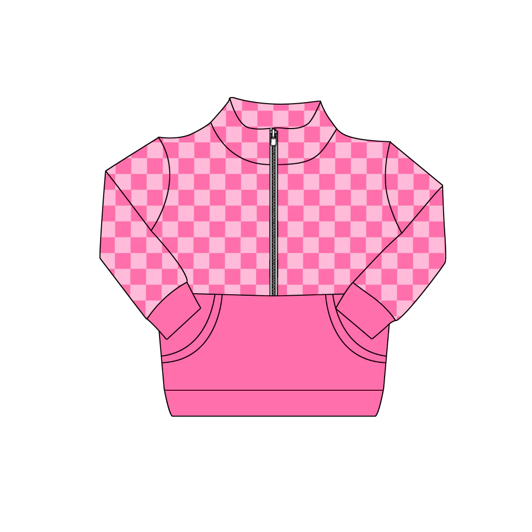 preorder GT1403 Hot Pink Checkered Zipper Long Sleeve Girls Top